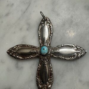 Vintage Towle Sterling Silver Spoon Handle Cross Pendant w/ Turquoise Cabochon